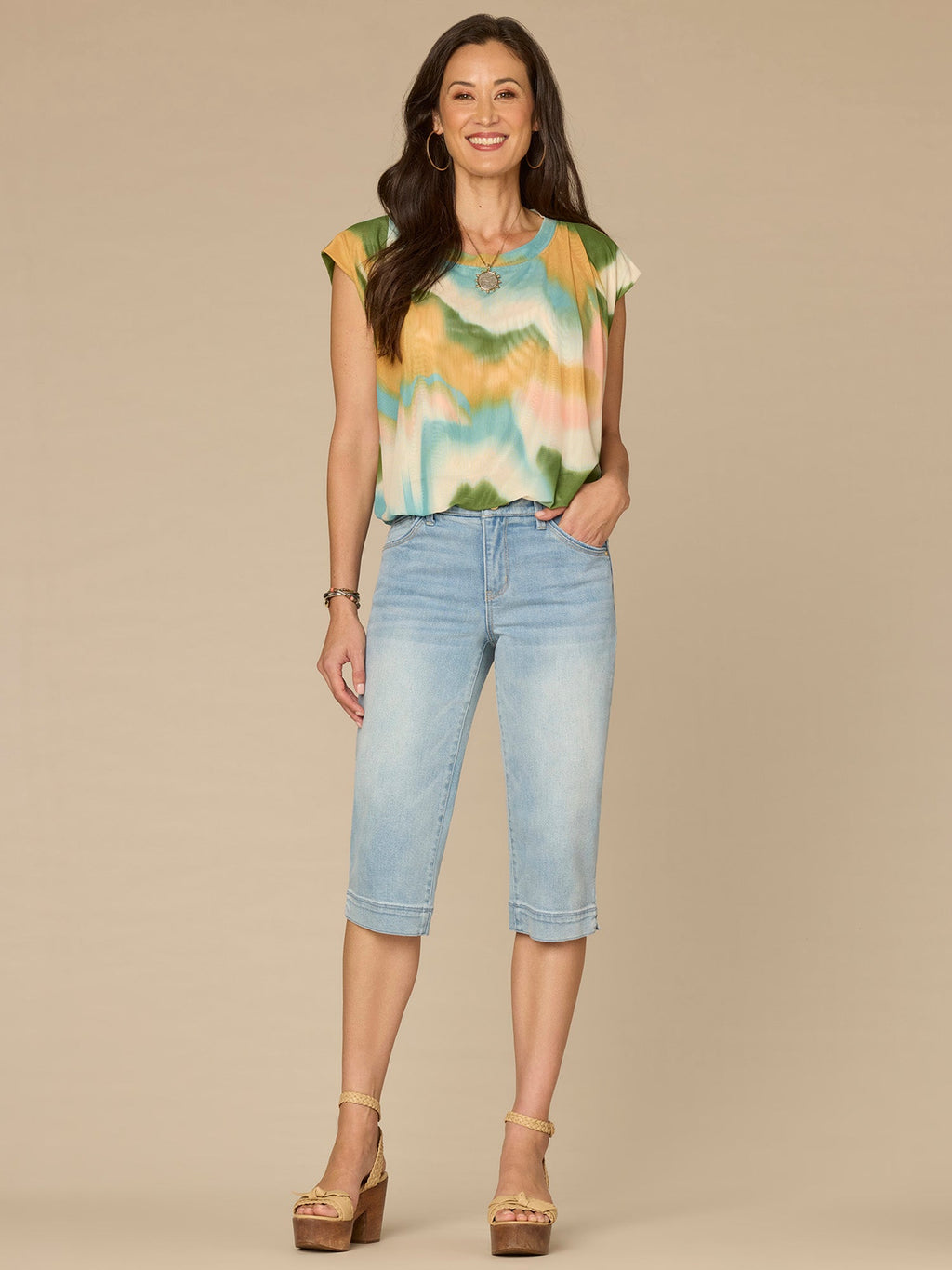 Cap Sleeve Scoop Neck Bubble Hem Placement Print Petite Knit Top