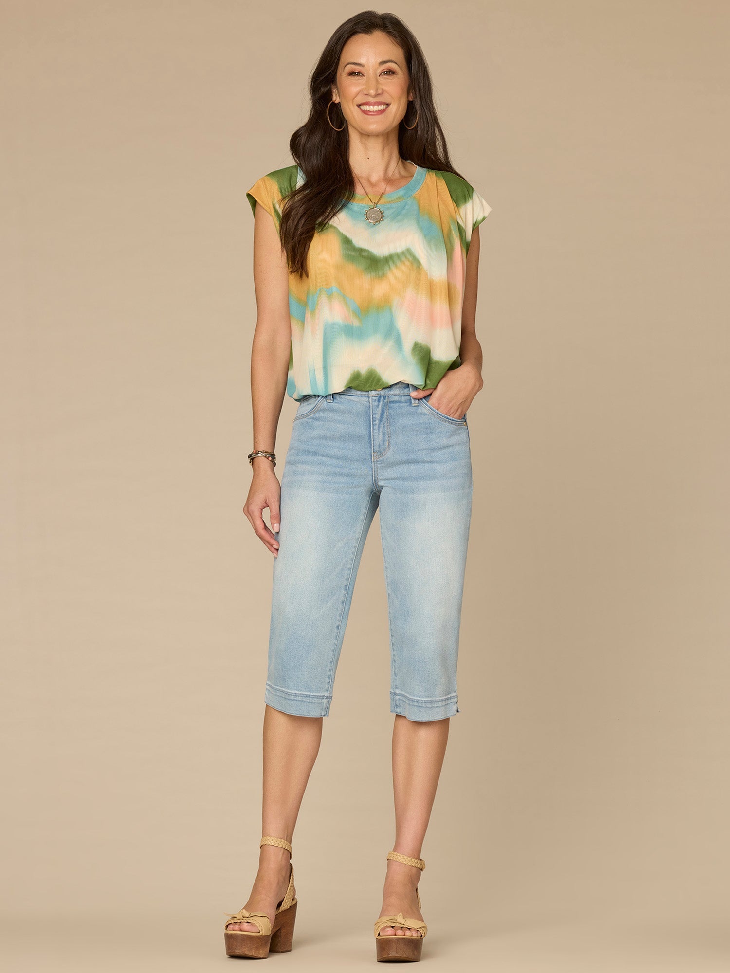 Cap Sleeve Scoop Neck Bubble Hem Placement Print Petite Knit Top