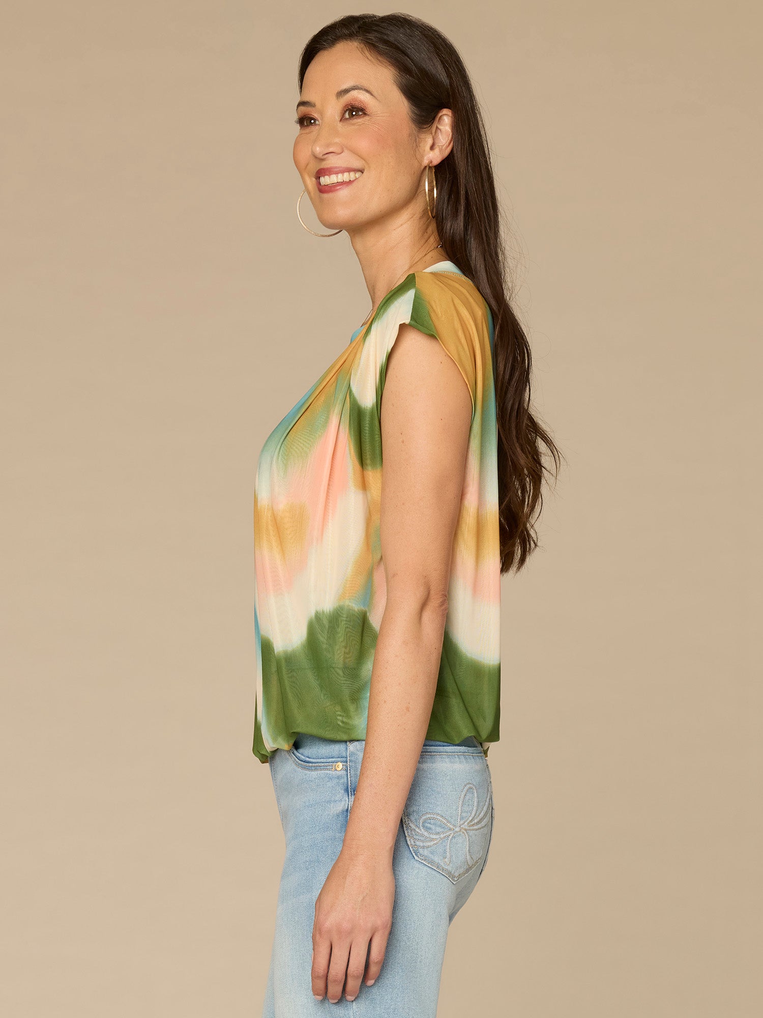 Cap Sleeve Scoop Neck Bubble Hem Placement Print Petite Knit Top