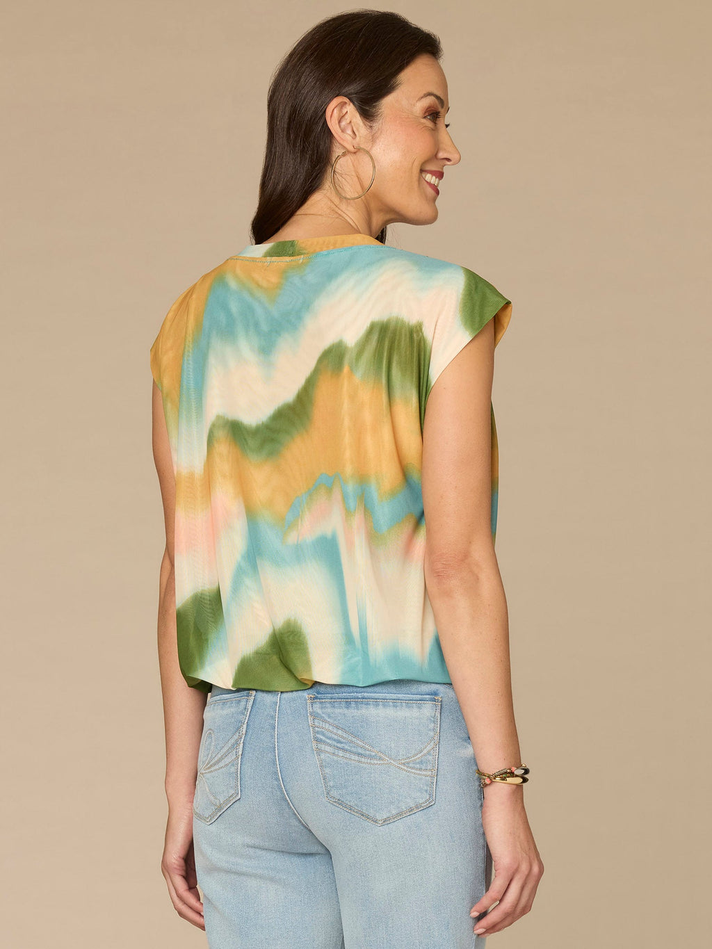 Cap Sleeve Scoop Neck Bubble Hem Placement Print Petite Knit Top