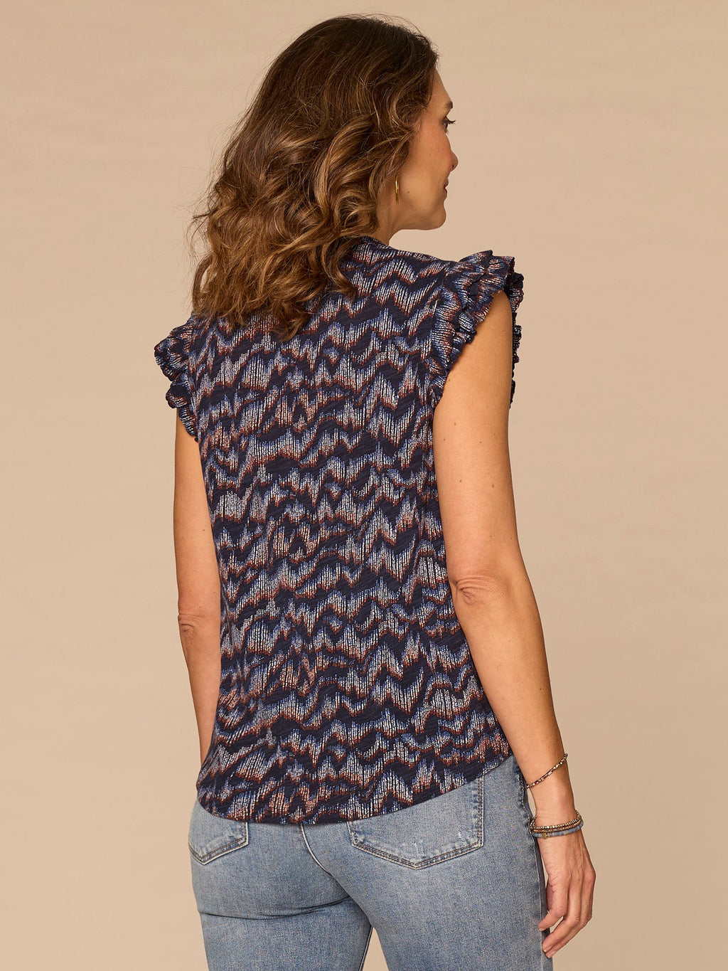 Double Ruffle Cap Sleeve Deep V-Neck Abstract Print Knit Top
