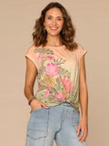 Extended Cap Sleeve Scoop Neck Knot Hem Floral Print Petite Knit Top