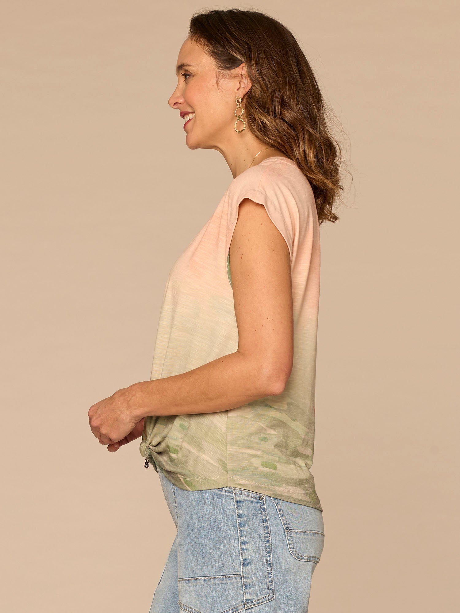 Extended Cap Sleeve Scoop Neck Knot Hem Floral Print Petite Knit Top