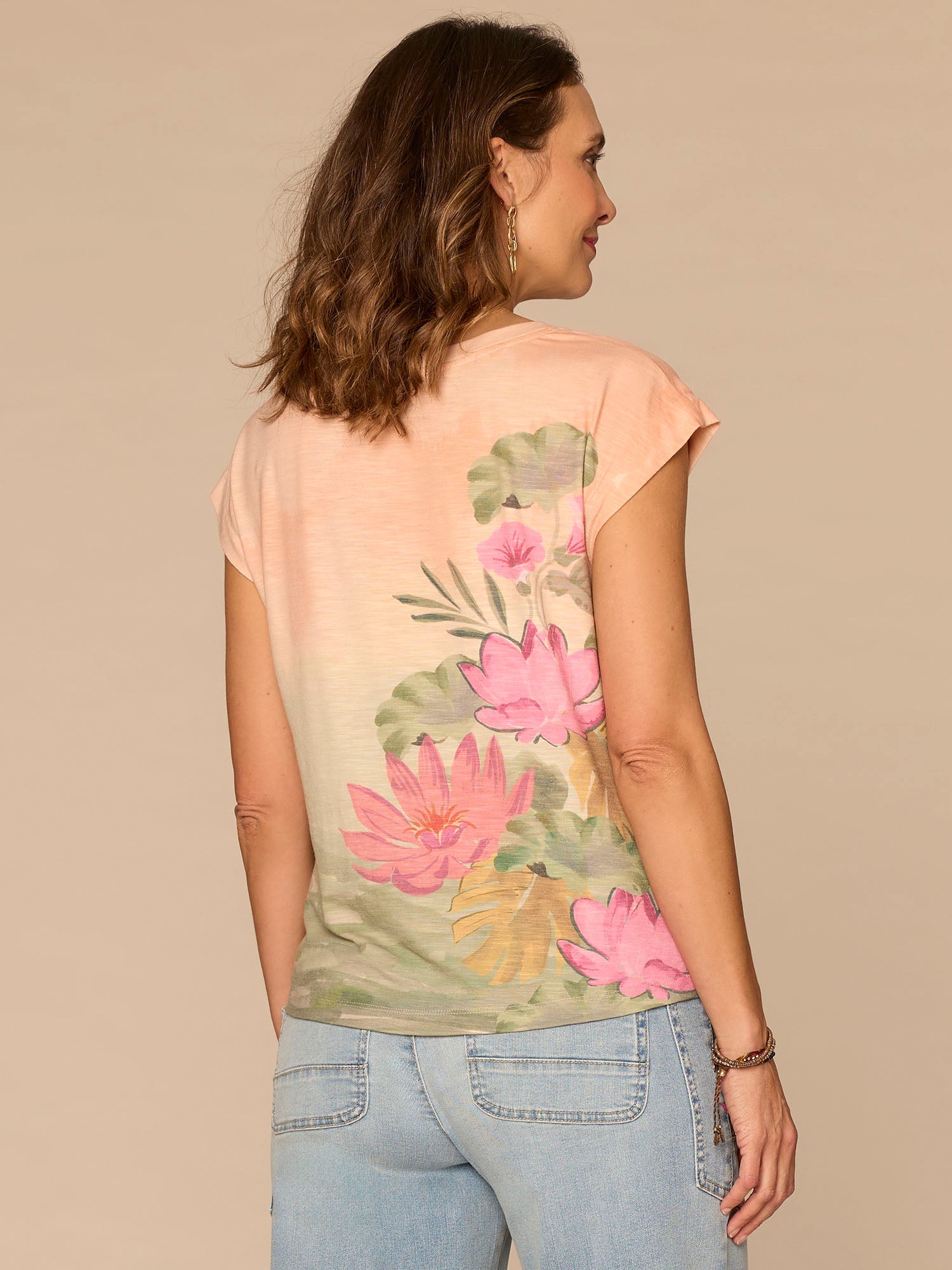 Extended Cap Sleeve Scoop Neck Knot Hem Floral Print Petite Knit Top