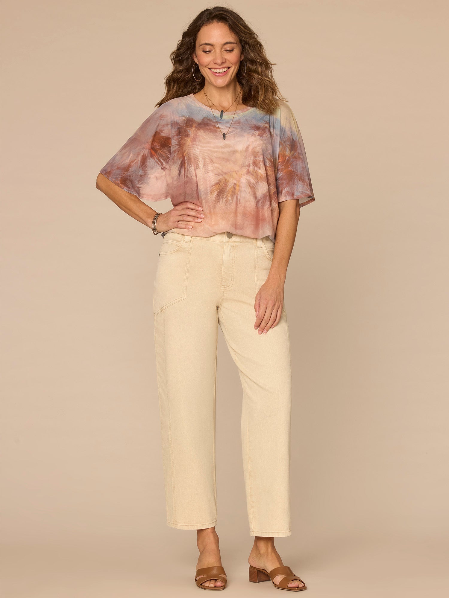 Angel Sleeve Scoop Neck Bubble Hem Palm Tree Placement Print Knit Top