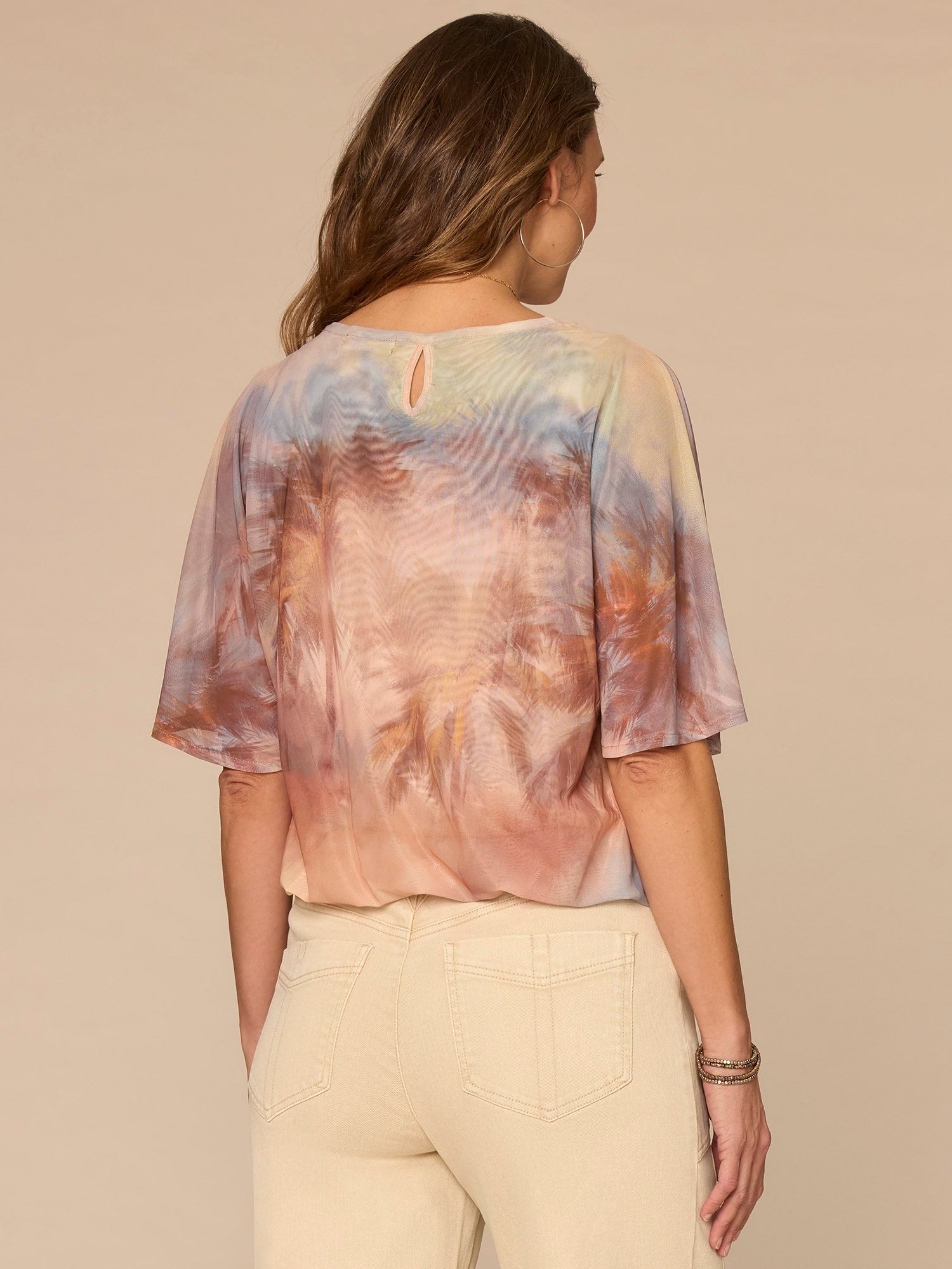 Angel Sleeve Scoop Neck Bubble Hem Palm Tree Placement Print Knit Top