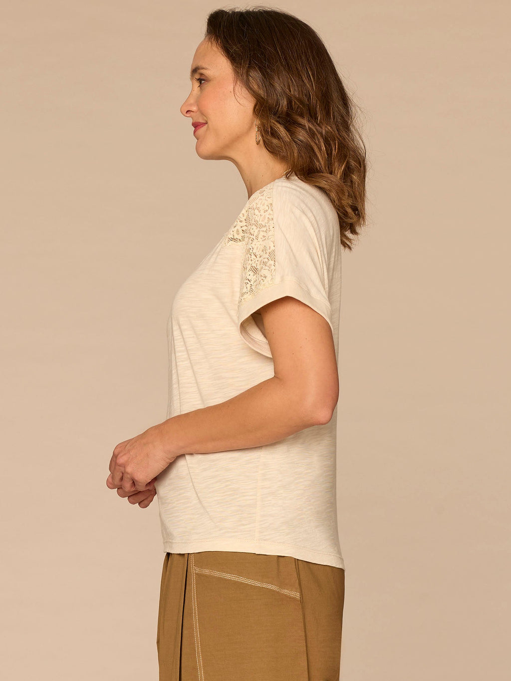 Dolman Sleeve Scoop Neck Lace Placket Mixed Media Knit Top