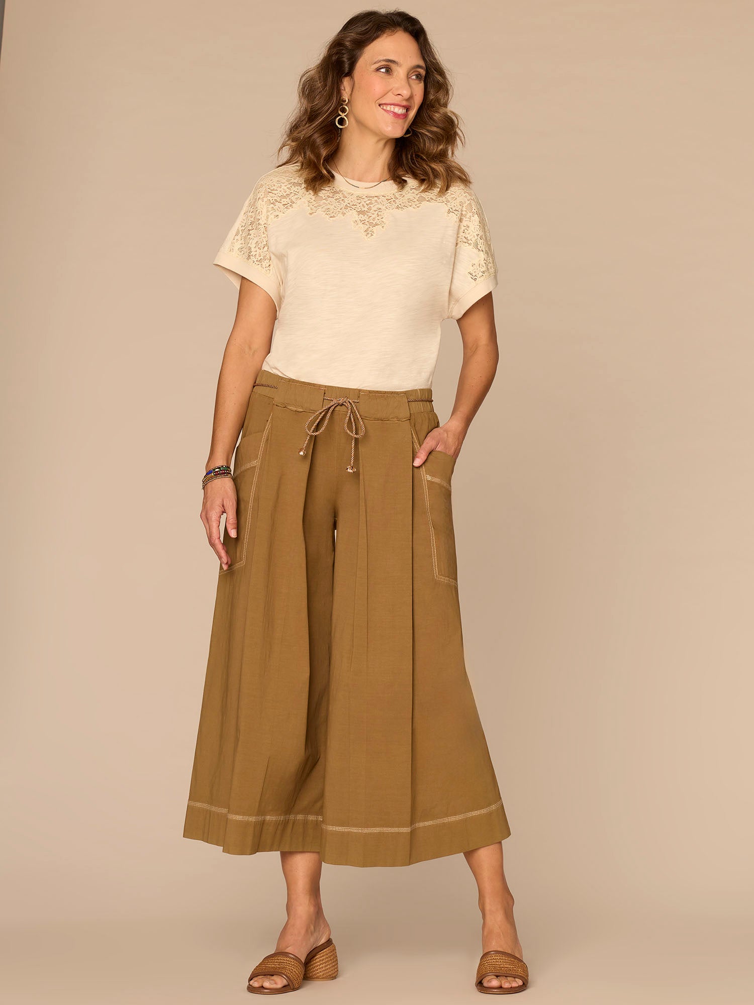 Dolman Sleeve Scoop Neck Lace Placket Mixed Media Knit Top