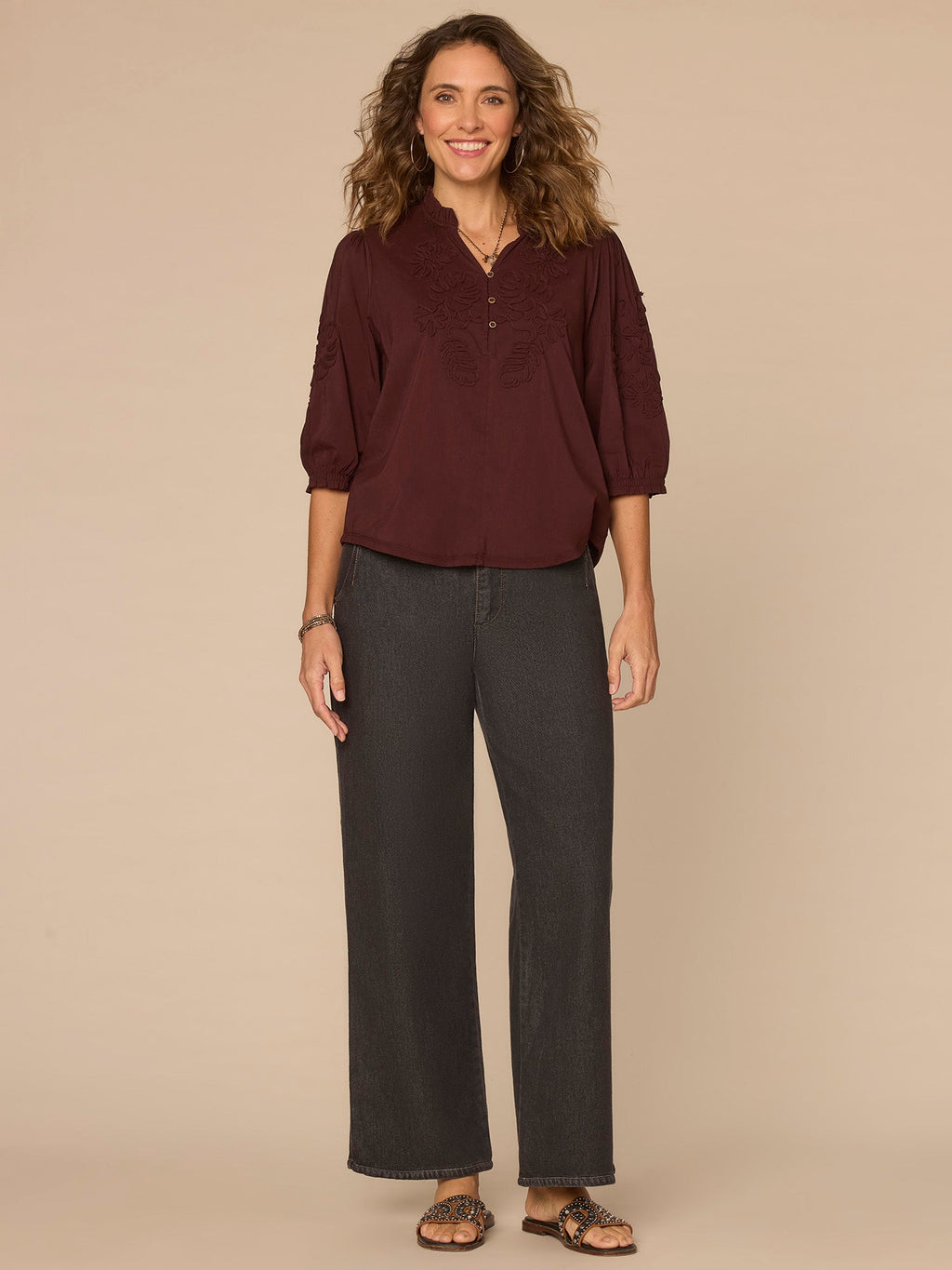 Blouson Sleeve Ruffle Edge V-Neck Soutache Mixed Media Woven Top