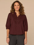 Blouson Sleeve Ruffle Edge V-Neck Soutache Mixed Media Woven Top