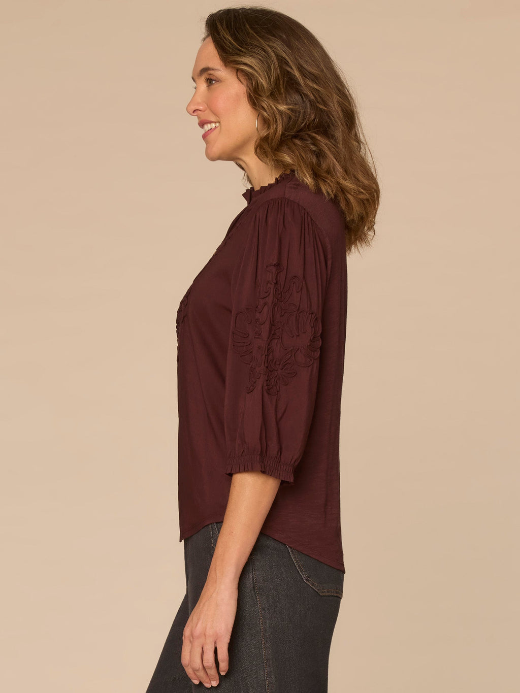 Blouson Sleeve Ruffle V-Neck Soutache Mixed Media Petite Woven Top