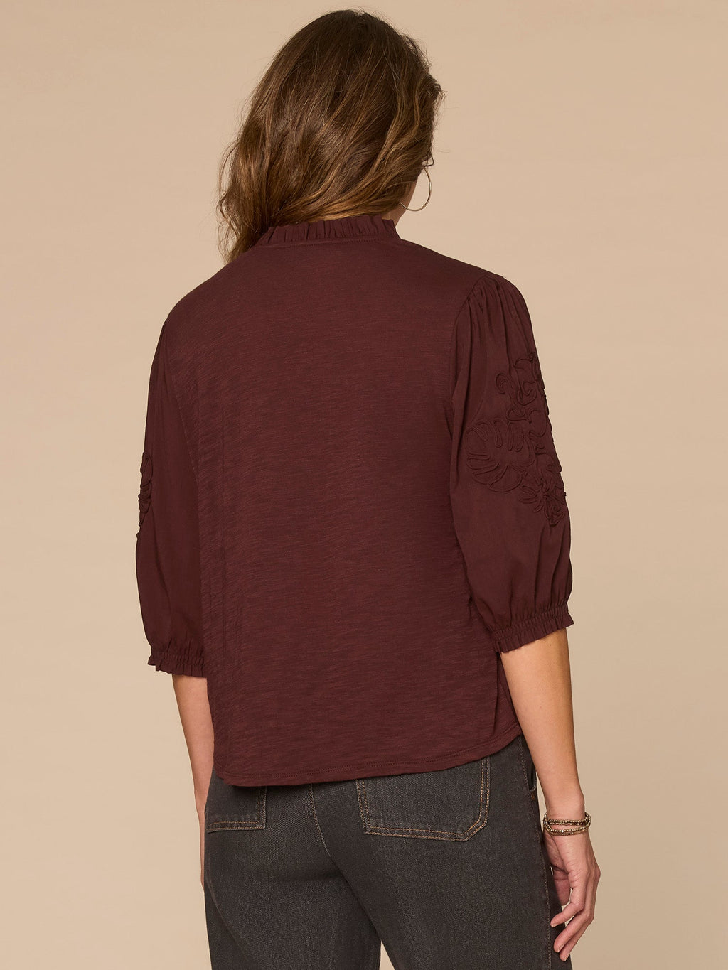 Blouson Sleeve Ruffle V-Neck Soutache Mixed Media Petite Woven Top