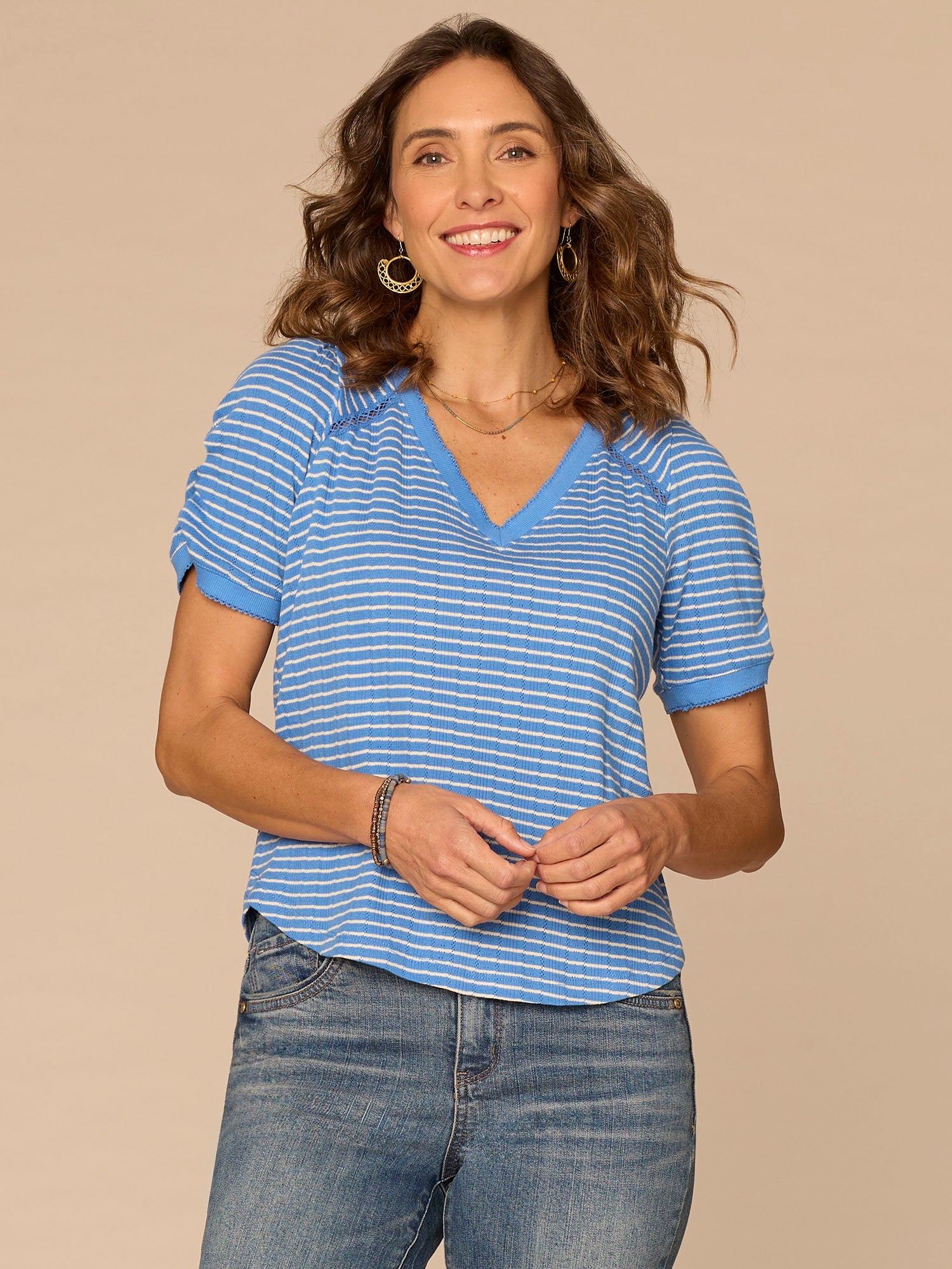 Elbow Puff Sleeve Picot V-Neck Crochet Detail Knit Top
