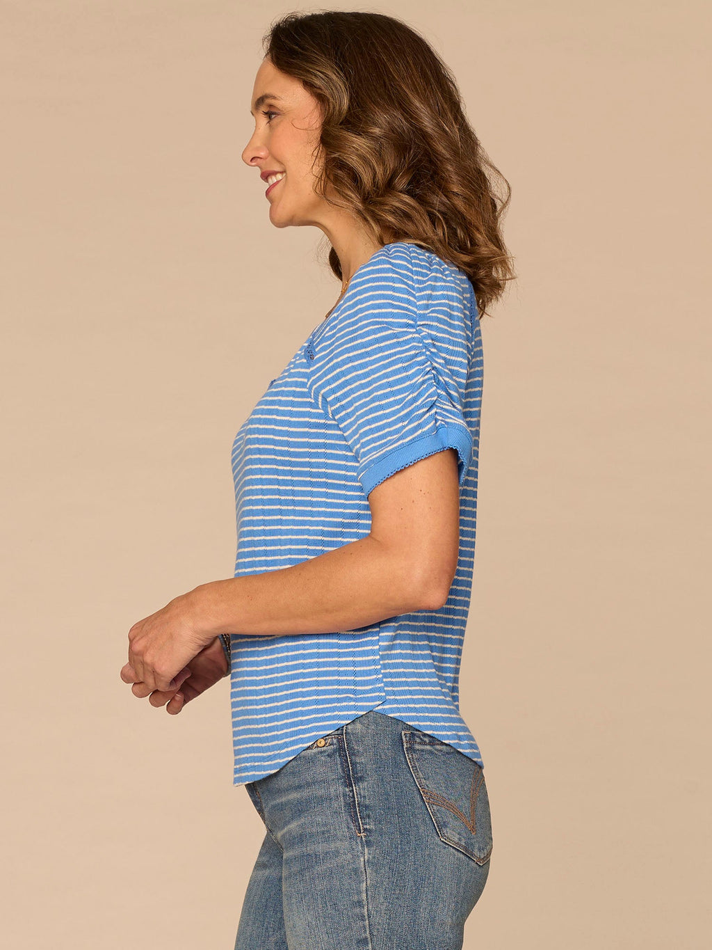 Elbow Puff Sleeve Picot V-Neck Crochet Detail Knit Top