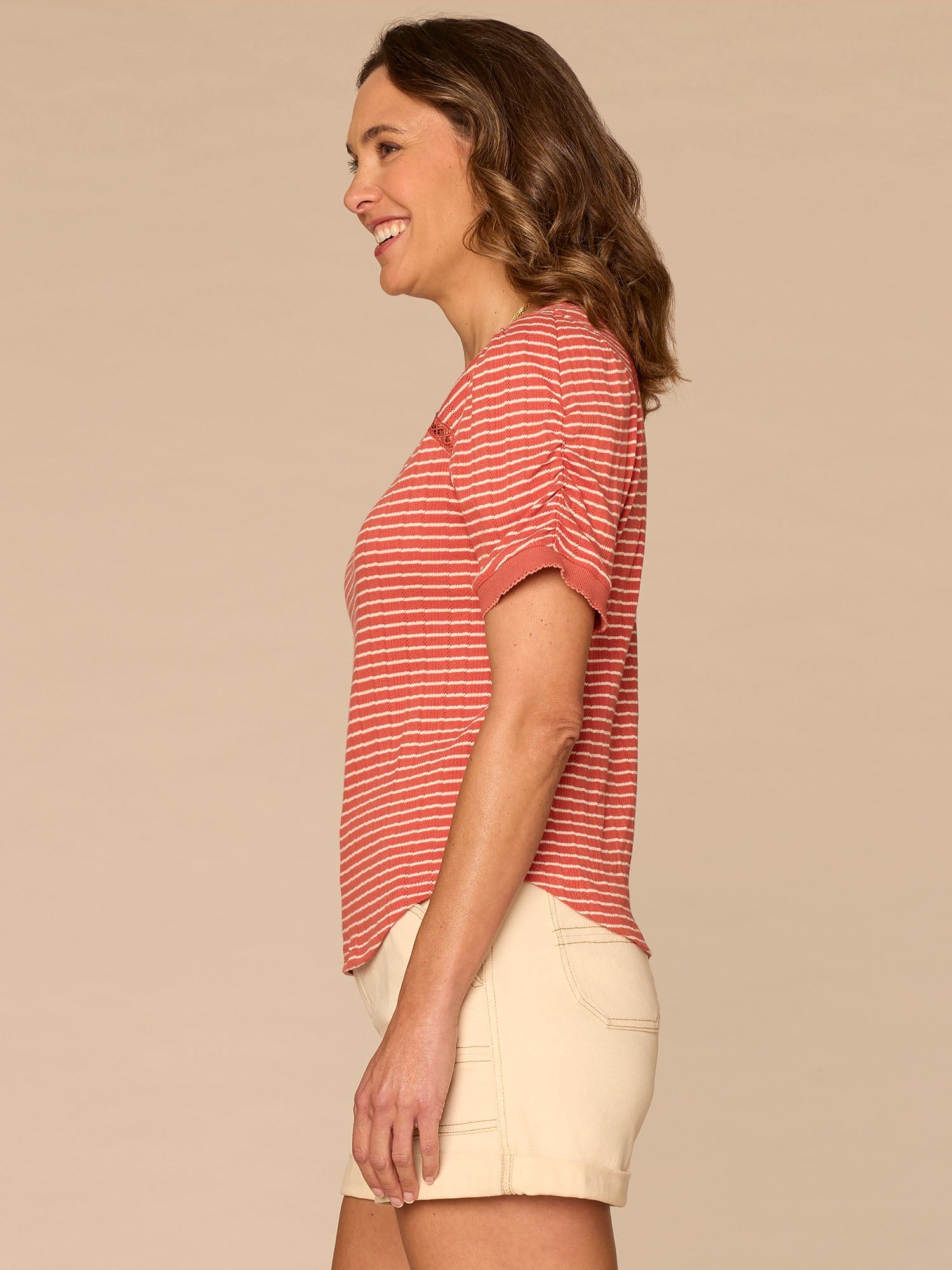 Elbow Puff Sleeve Picot V-Neck Crochet Detail Knit Top
