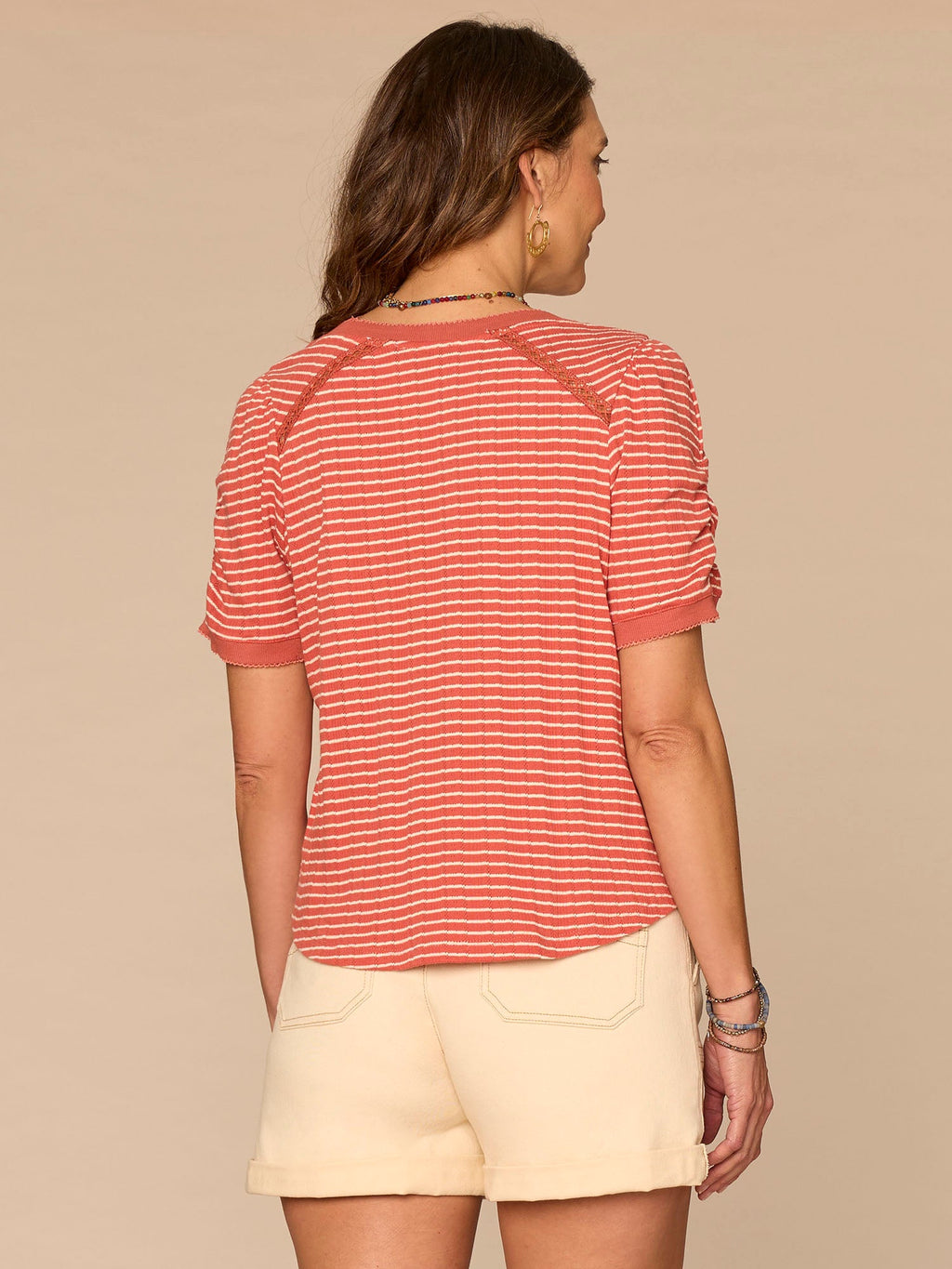 Elbow Puff Sleeve Picot V-Neck Crochet Detail Knit Top