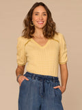 Elbow Puff Sleeve Picot V-Neck Crochet Detail Knit Top