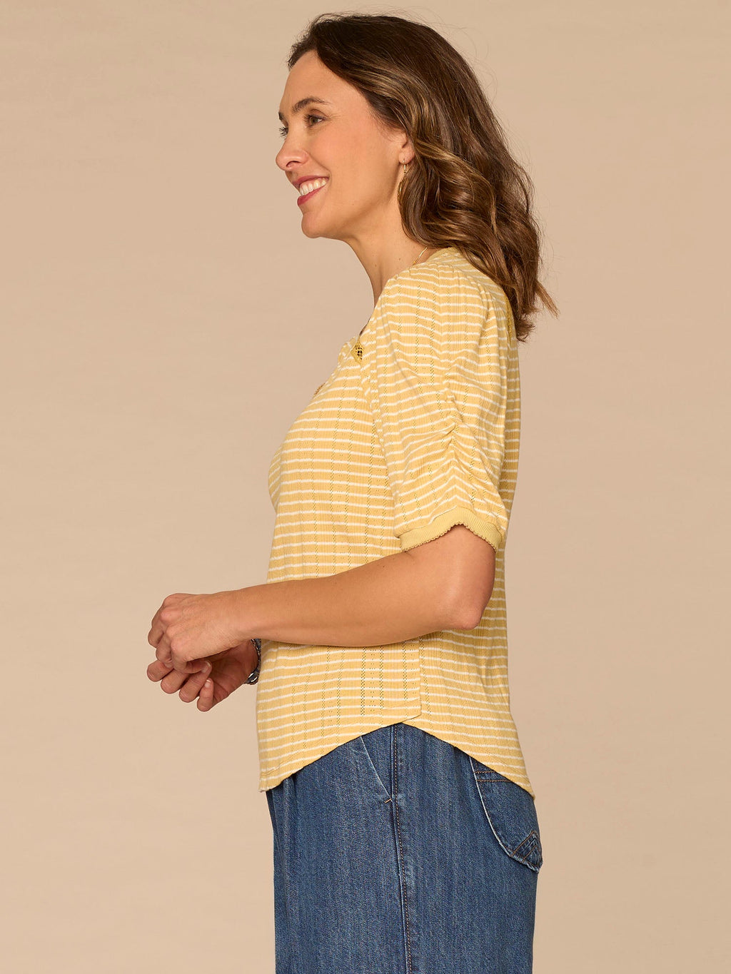 Elbow Puff Sleeve Picot V-Neck Crochet Detail Knit Top