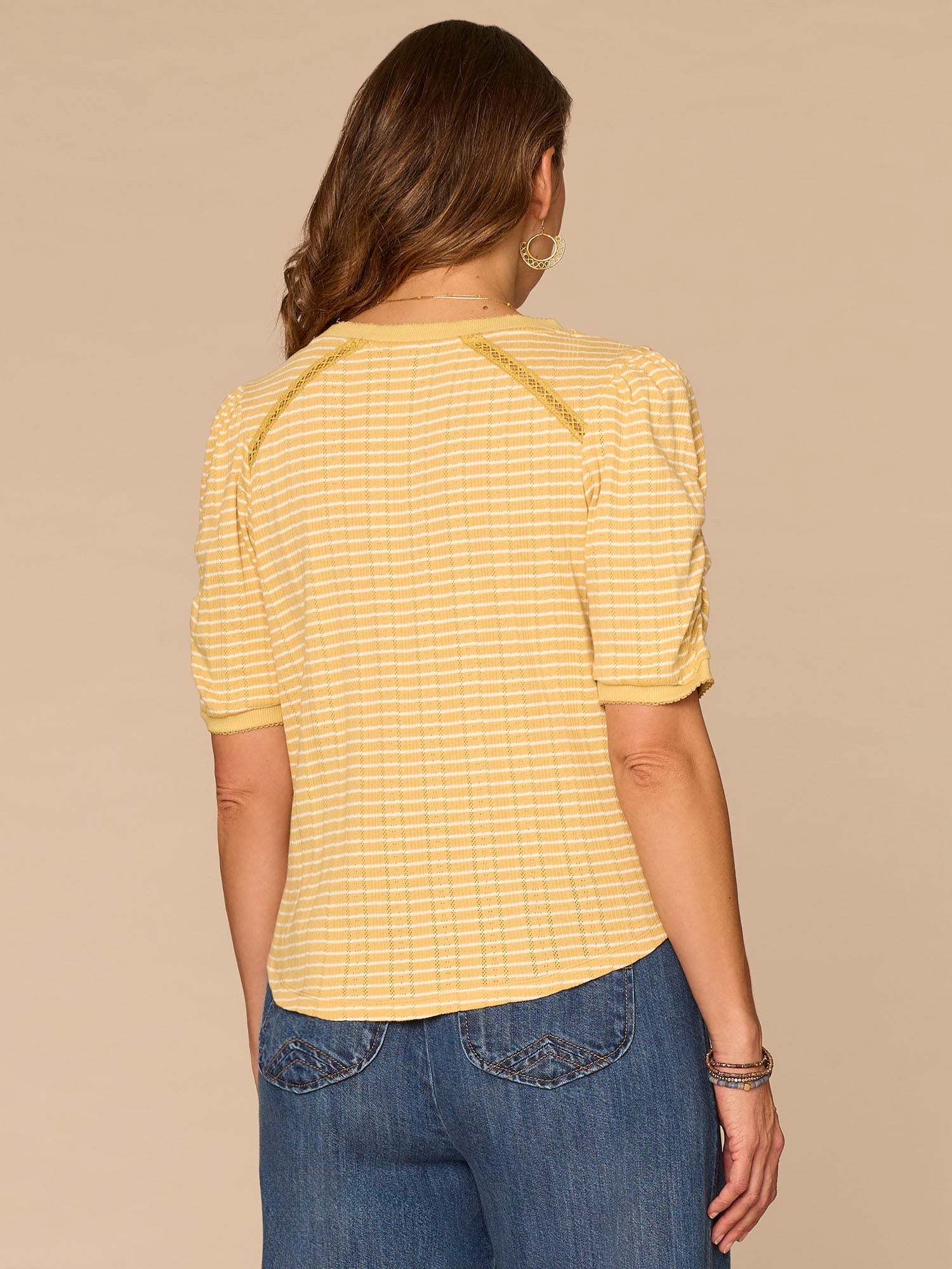 Elbow Puff Sleeve Picot V-Neck Crochet Detail Knit Top