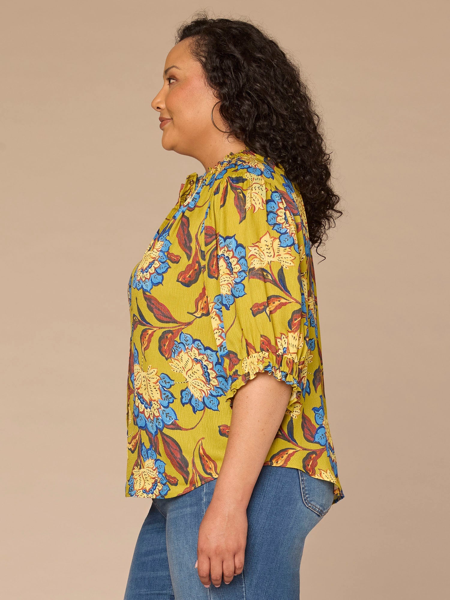 Elbow Length Ruffle Edge Neck Button Down Printed Plus Size Woven Top