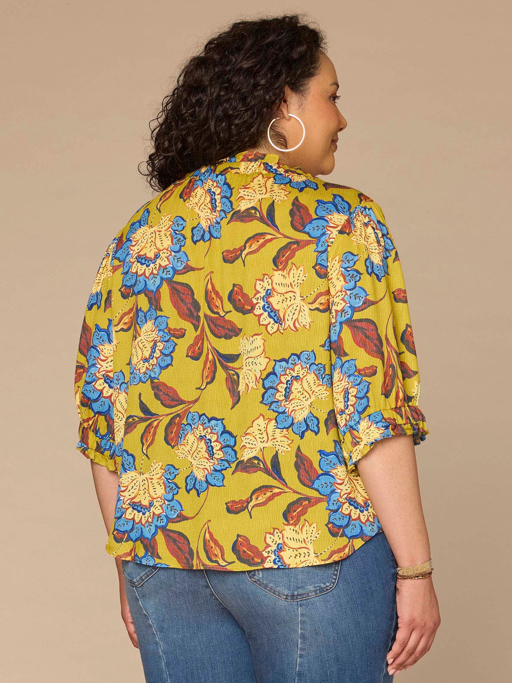 Elbow Length Ruffle Edge Neck Button Down Printed Plus Size Woven Top