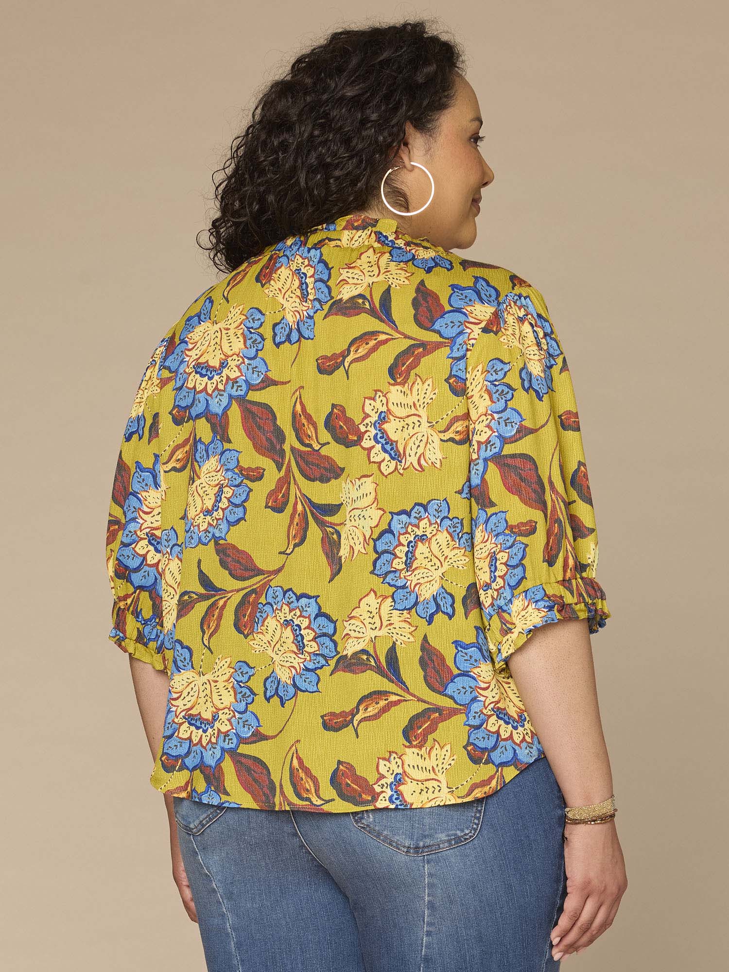 Elbow Length Ruffle Edge Neck Button Down Printed Plus Size Woven Top