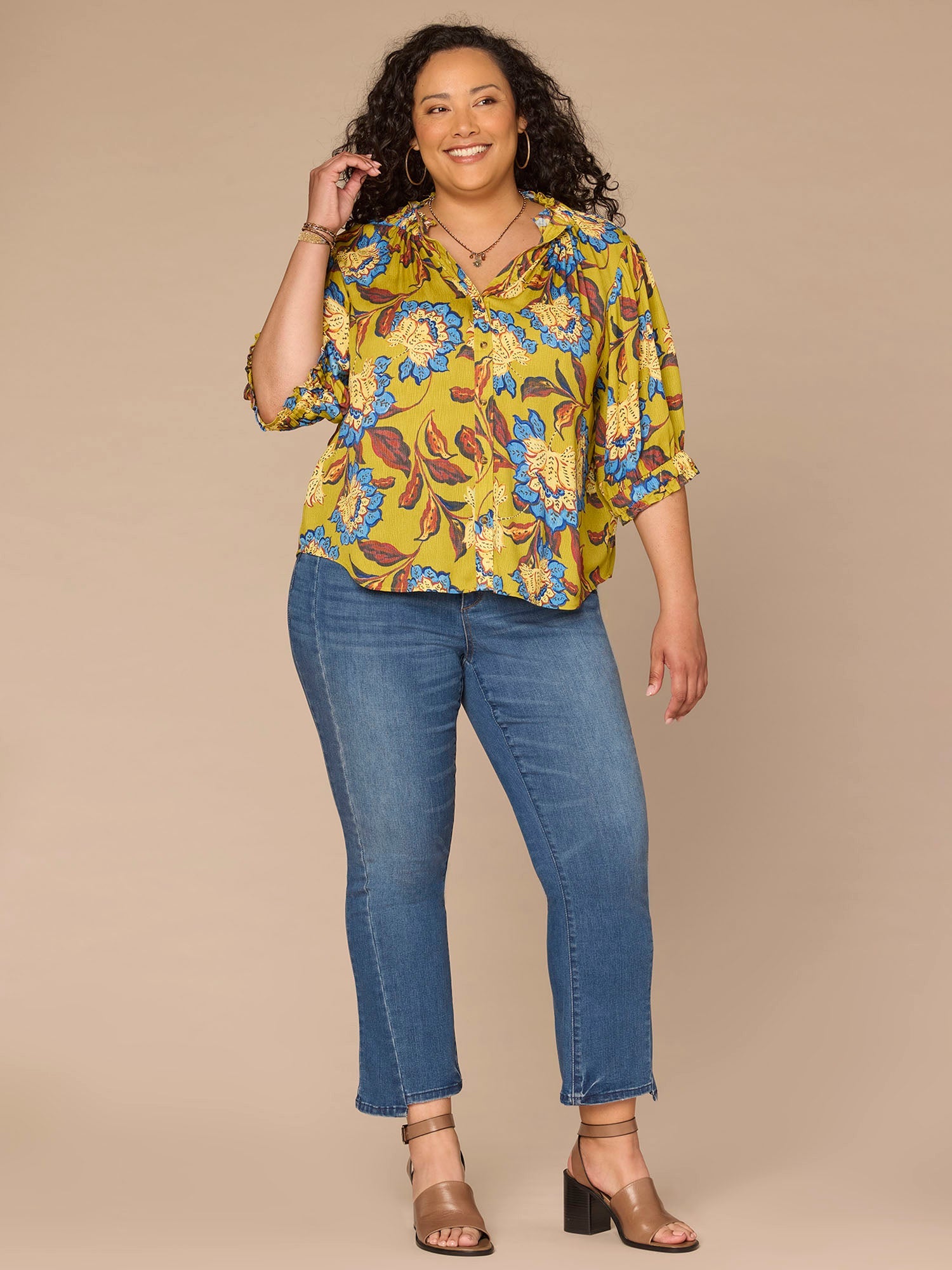 Elbow Length Ruffle Edge Neck Button Down Printed Plus Size Woven Top