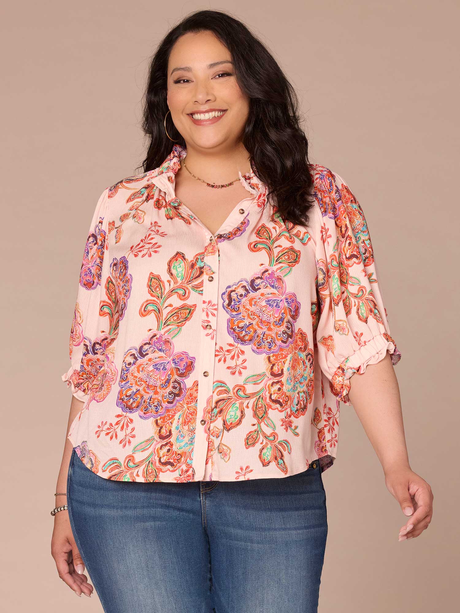 Elbow Length Ruffle Edge Neck Button Down Printed Plus Size Woven Top