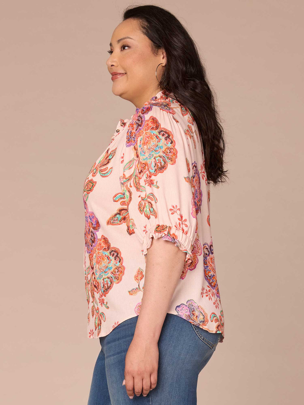 Elbow Length Ruffle Edge Neck Button Down Printed Plus Size Woven Top