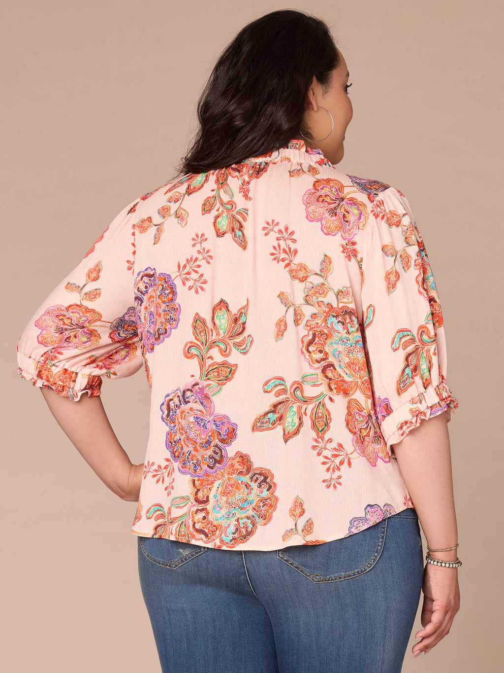 Elbow Length Ruffle Edge Neck Button Down Printed Plus Size Woven Top