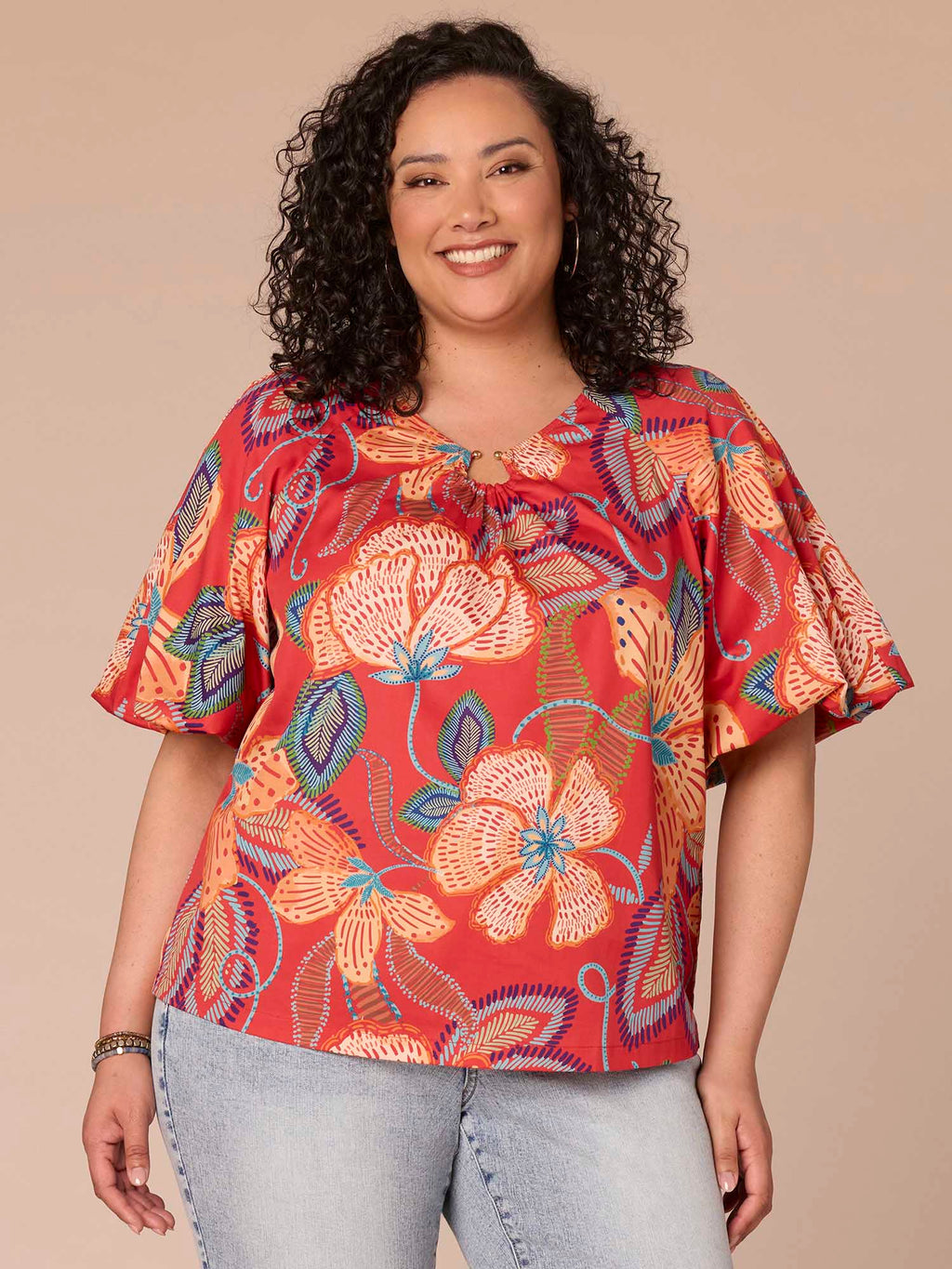 Bubble Sleeve V-Neck Floral Printed Plus Size Woven Top with O-Ring