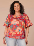 Bubble Sleeve V-Neck Floral Printed Plus Size Woven Top with O-Ring