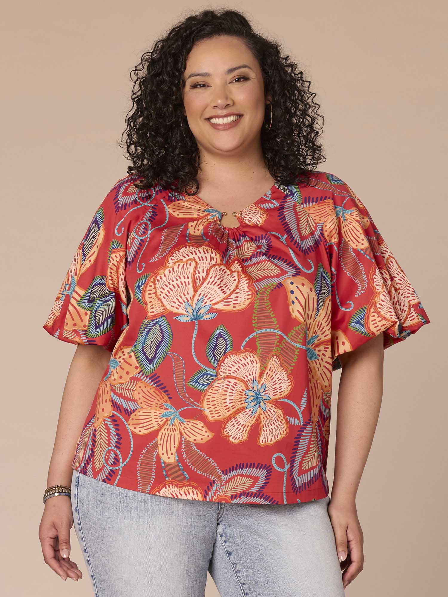 Bubble Sleeve V-Neck Floral Printed Plus Size Woven Top with O-Ring