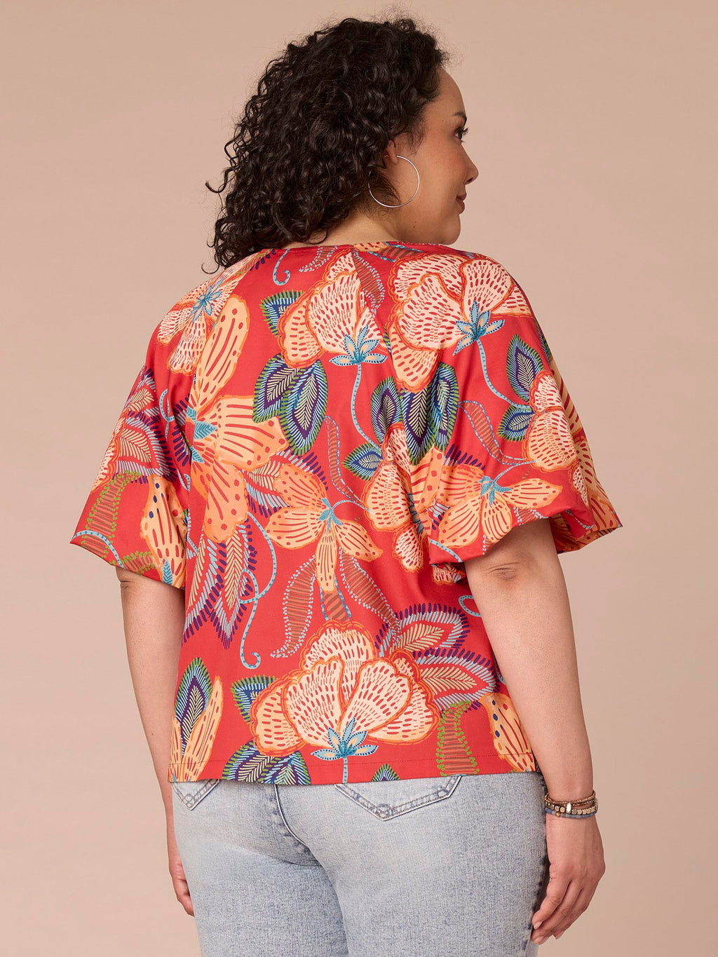 Bubble Sleeve V-Neck Floral Printed Plus Size Woven Top with O-Ring