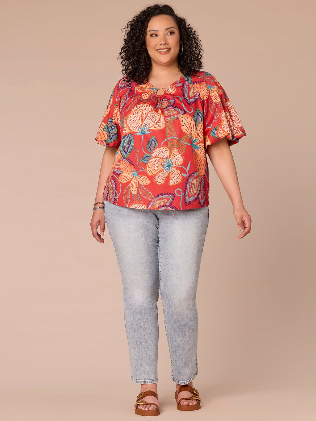 Bubble Sleeve V-Neck Floral Printed Plus Size Woven Top with O-Ring