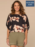 Inset Lace Dolman Sleeve Scoop Neck Floral Print Plus Size Woven Top