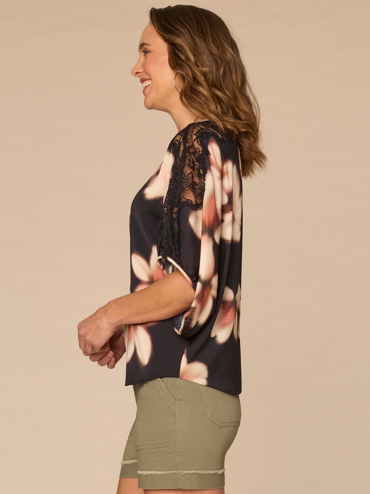 Inset Lace Dolman Sleeve Scoop Neck Floral Print Plus Size Woven Top