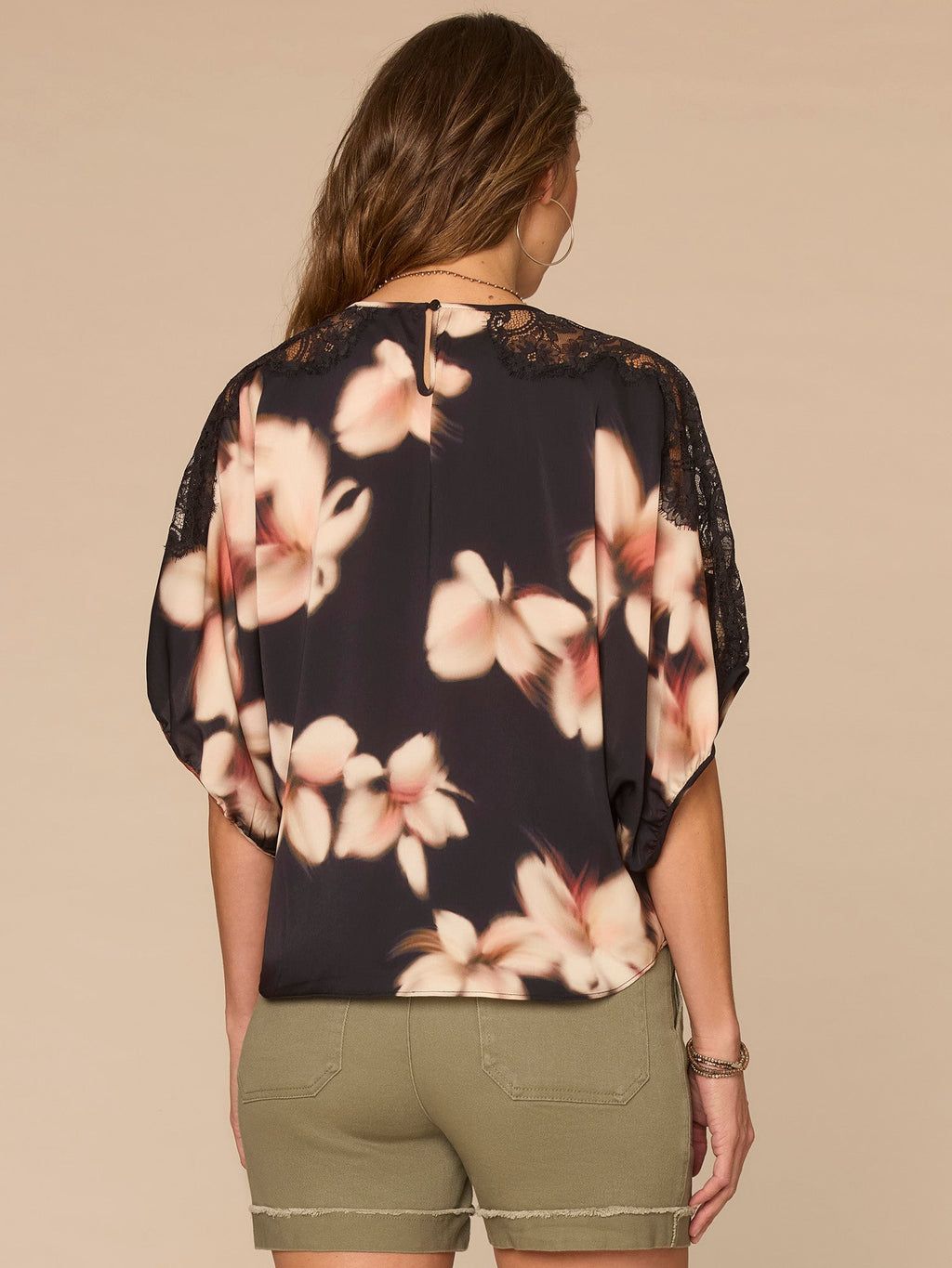 Inset Lace Dolman Sleeve Scoop Neck Floral Print Plus Size Woven Top