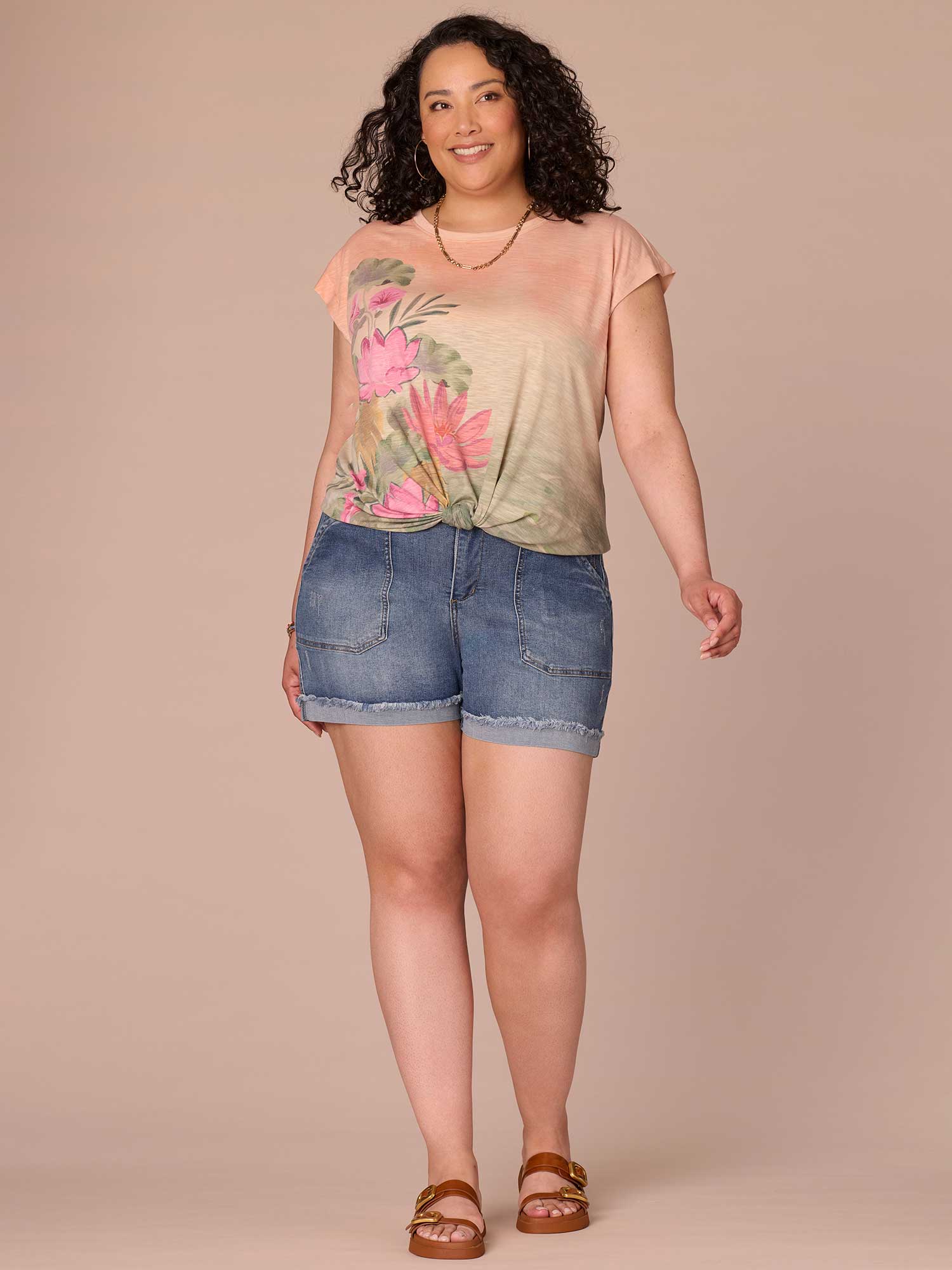 Extended Cap Sleeve Scoop Neck Knot Hem Printed Plus Size Knit Top
