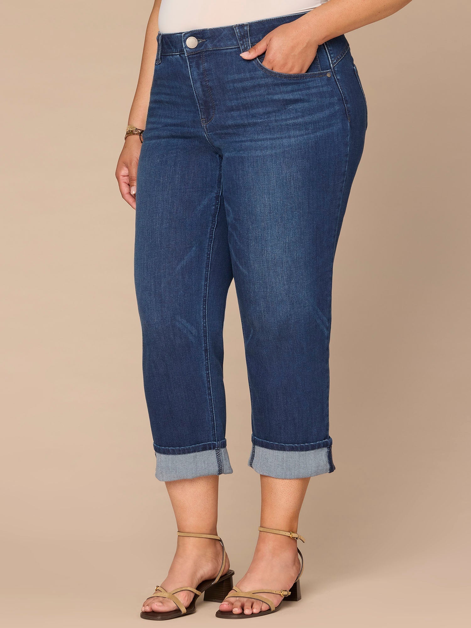"Ab"solution® High Rise Round Up Yoke Cuffed Plus Size Boyfriend Jeans