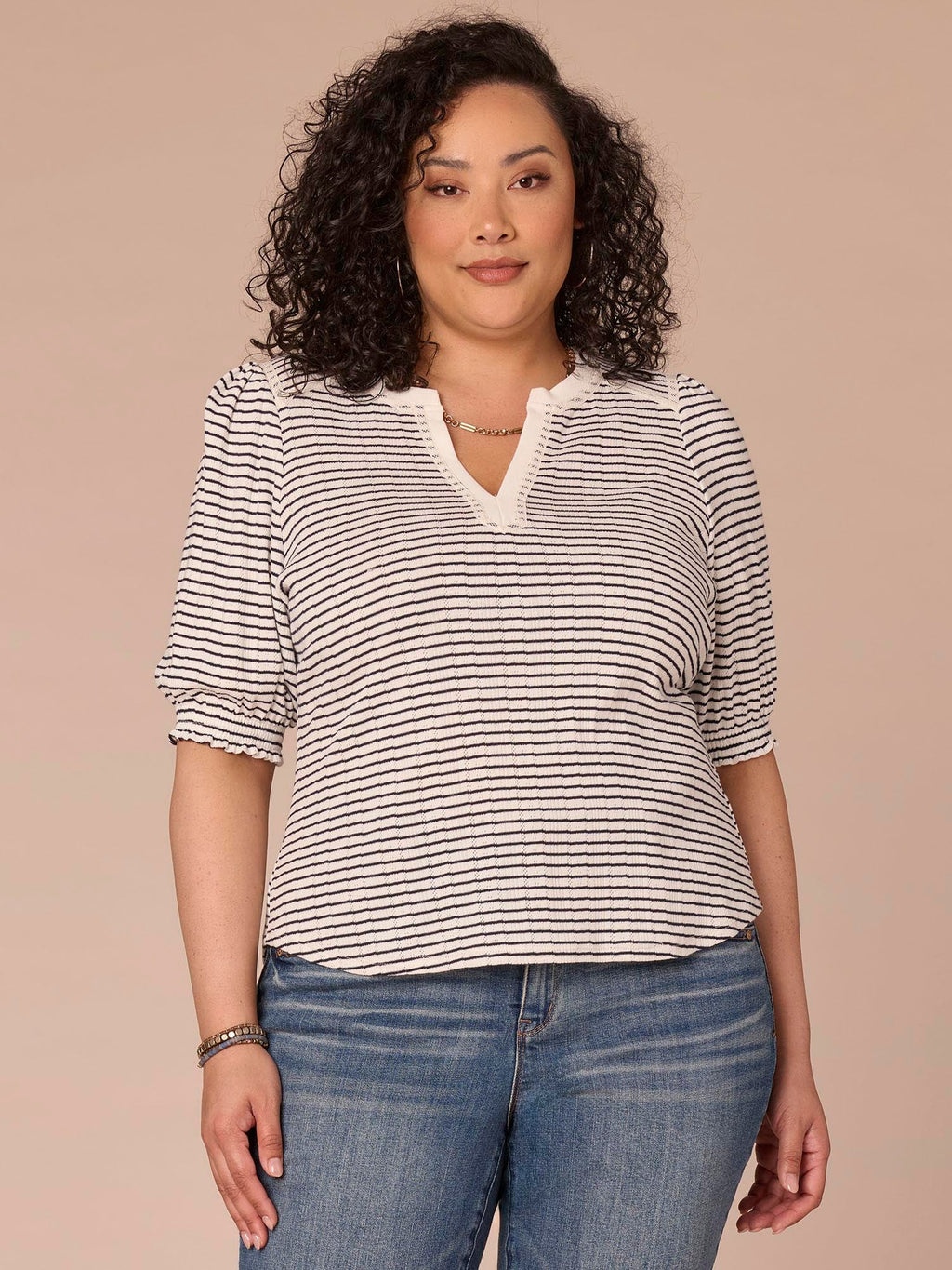 Elbow Puff Sleeve Mandarin Collar Placket Striped Plus Size Knit Top