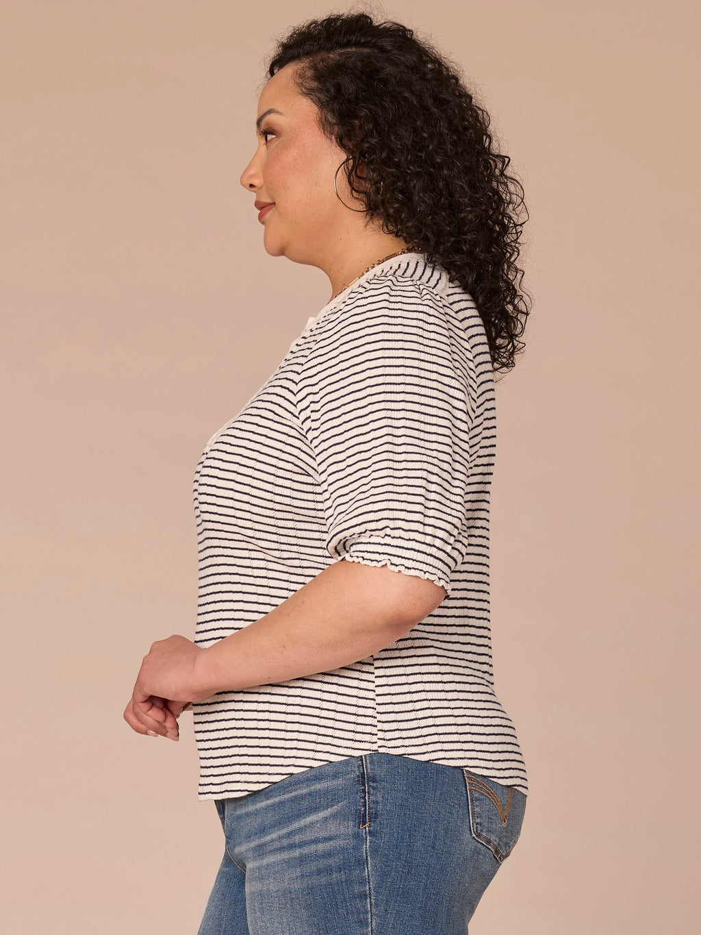 Elbow Puff Sleeve Mandarin Collar Placket Striped Plus Size Knit Top