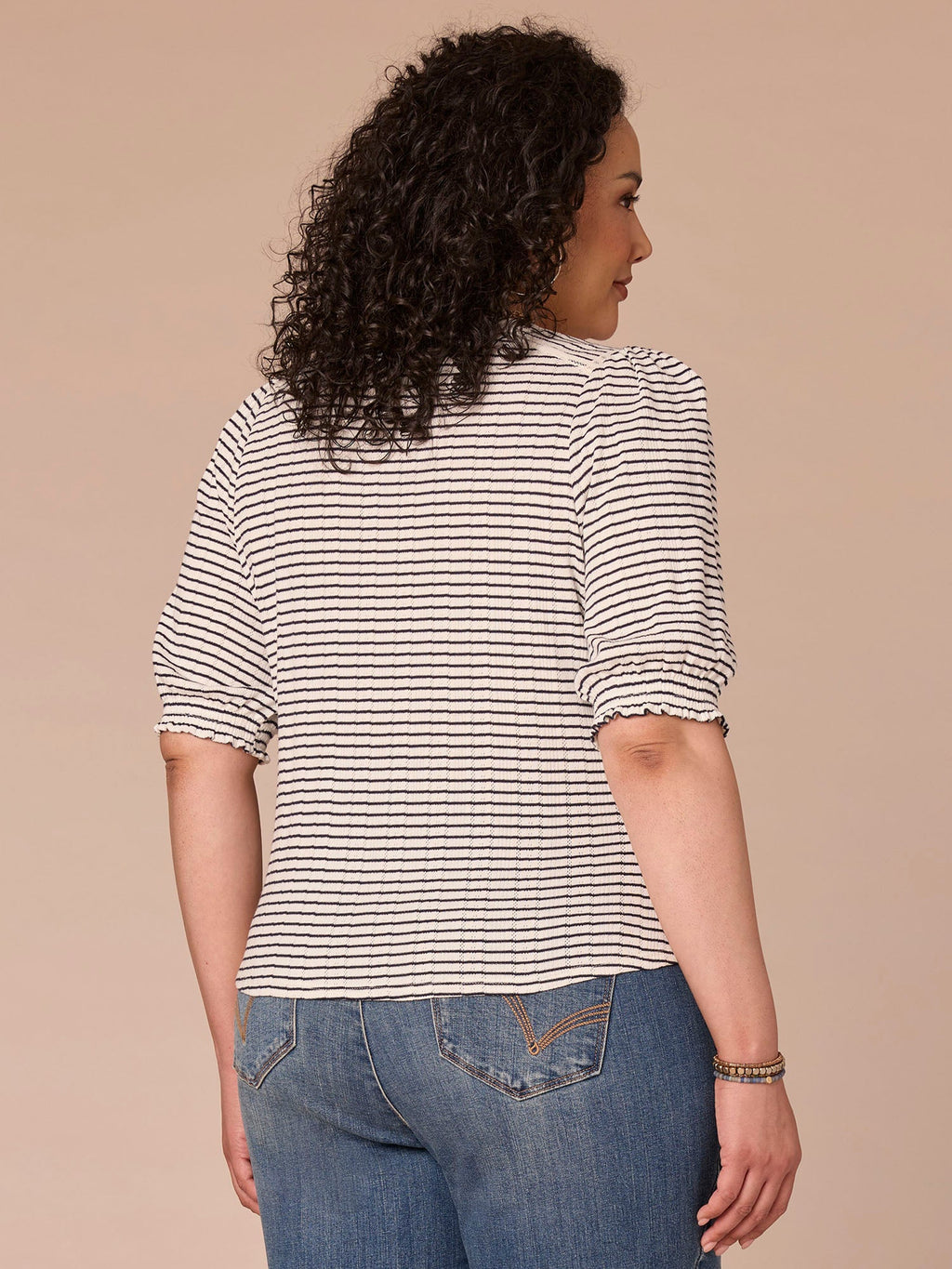 Elbow Puff Sleeve Mandarin Collar Placket Striped Plus Size Knit Top
