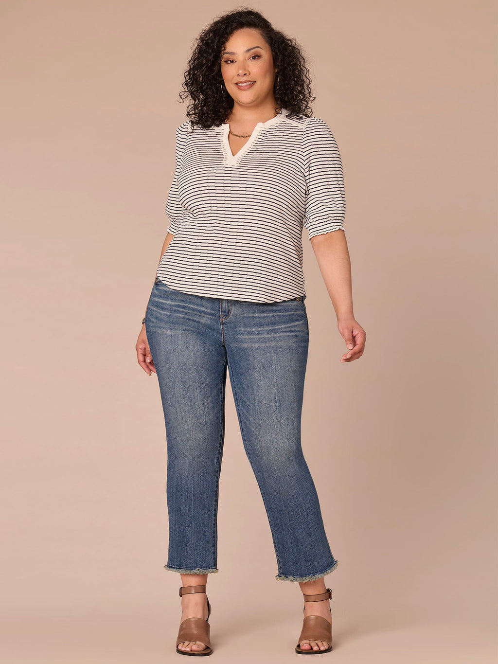 Elbow Puff Sleeve Mandarin Collar Placket Striped Plus Size Knit Top