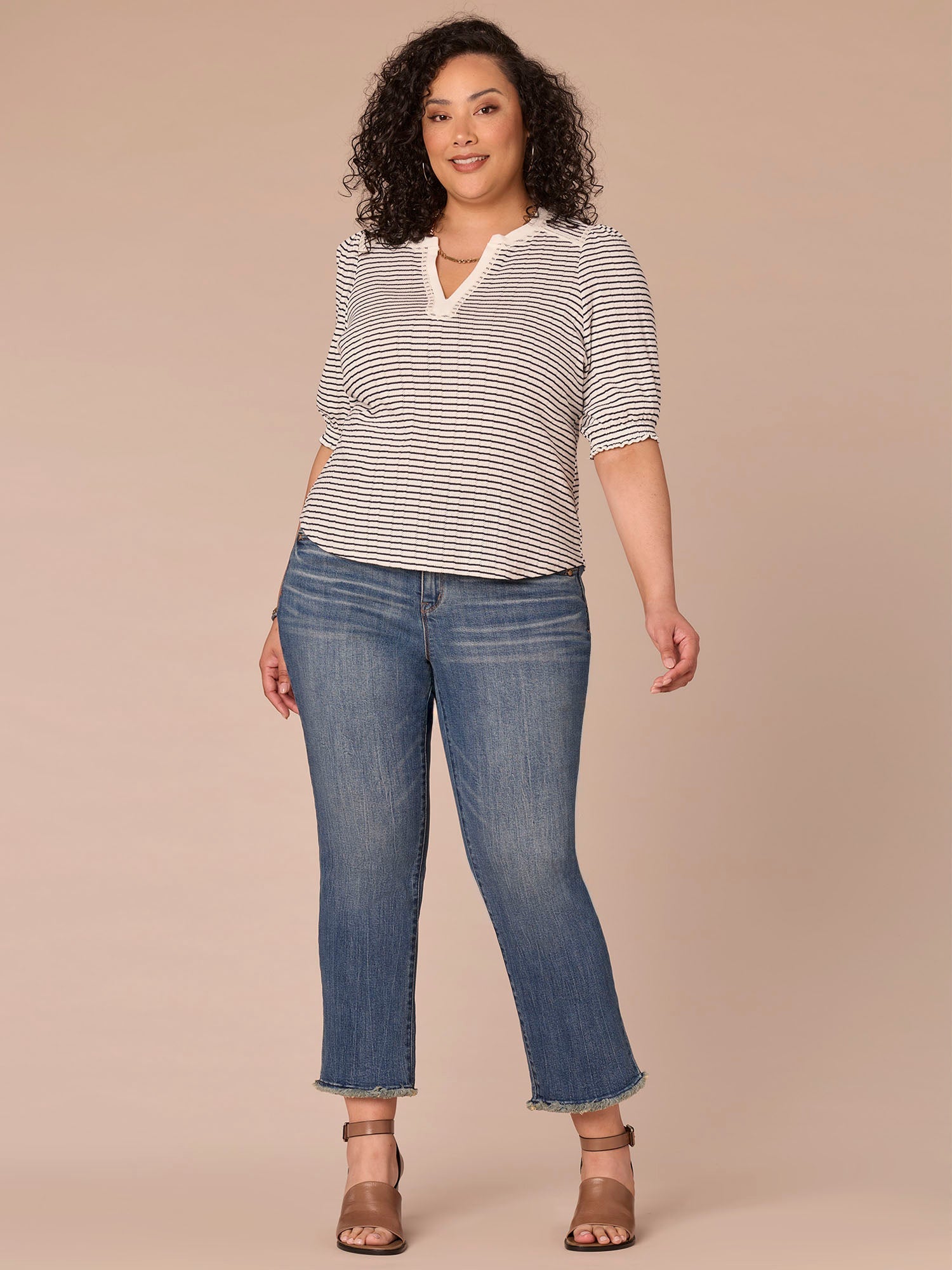 Elbow Puff Sleeve Mandarin Collar Placket Striped Plus Size Knit Top