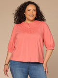 Below Elbow Blouson Sleeve Round Neck Embroidered Plus Size Woven Top