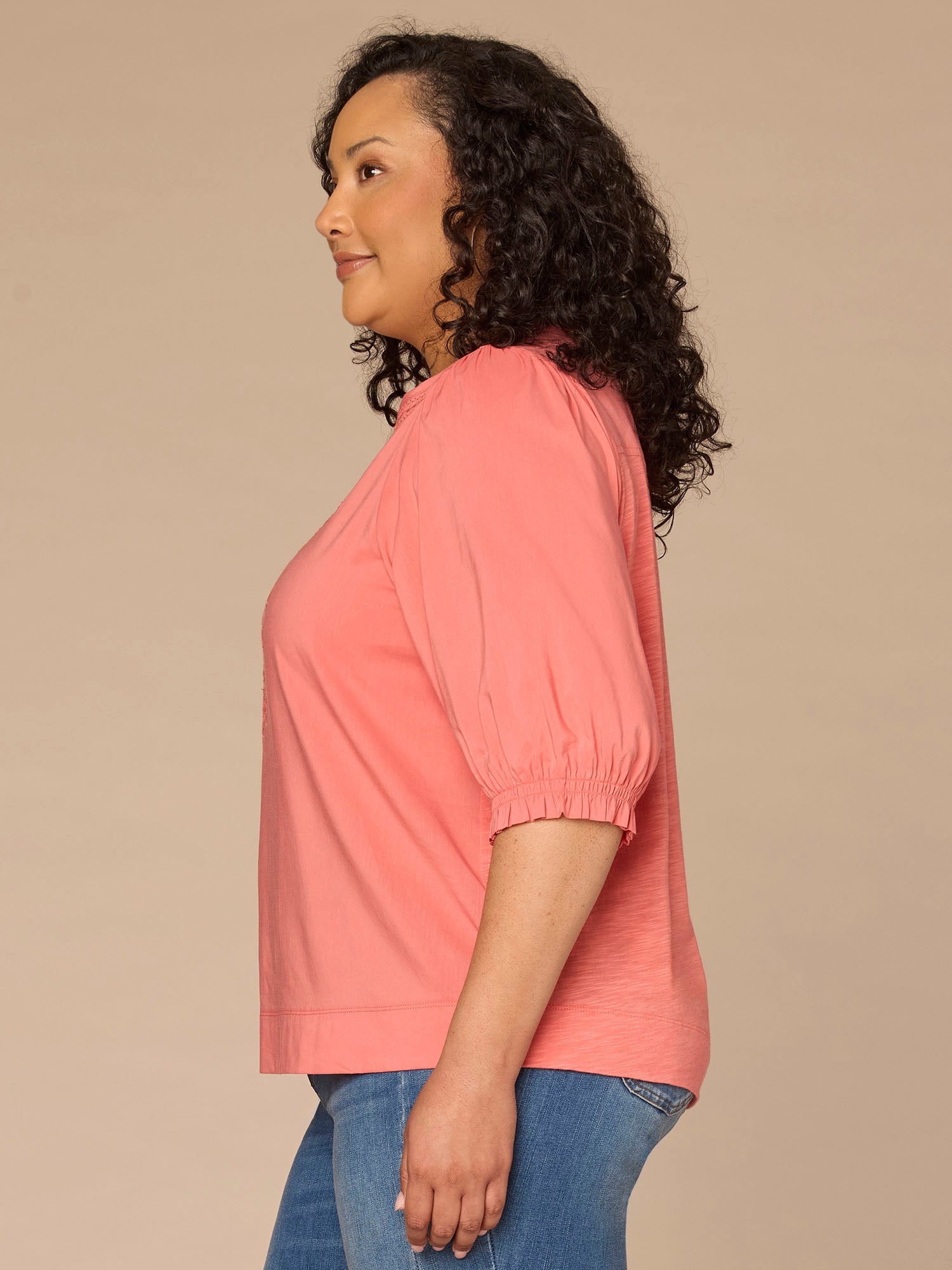 Below Elbow Blouson Sleeve Round Neck Embroidered Plus Size Woven Top