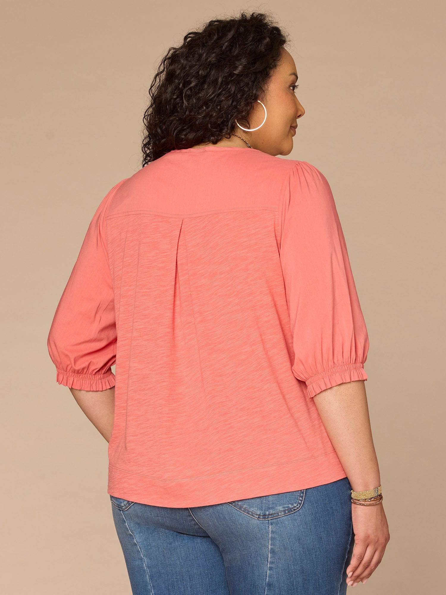 Below Elbow Blouson Sleeve Round Neck Embroidered Plus Size Woven Top