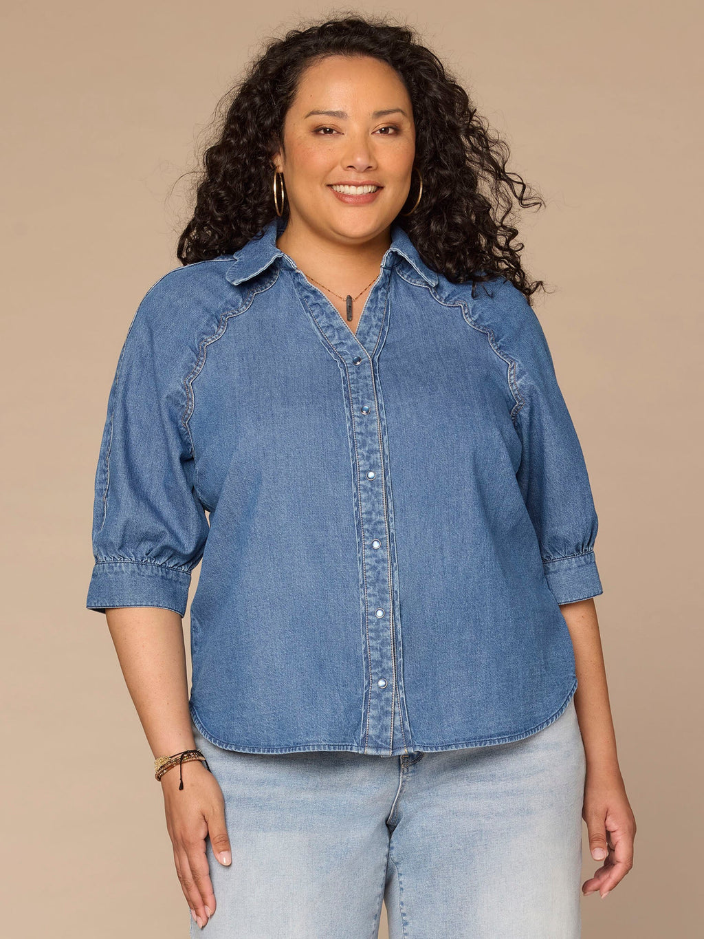 Below Elbow Sleeve Scallop Collar Snap Button Down Plus Size Denim Top