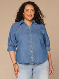Below Elbow Sleeve Scallop Collar Snap Button Down Plus Size Denim Top